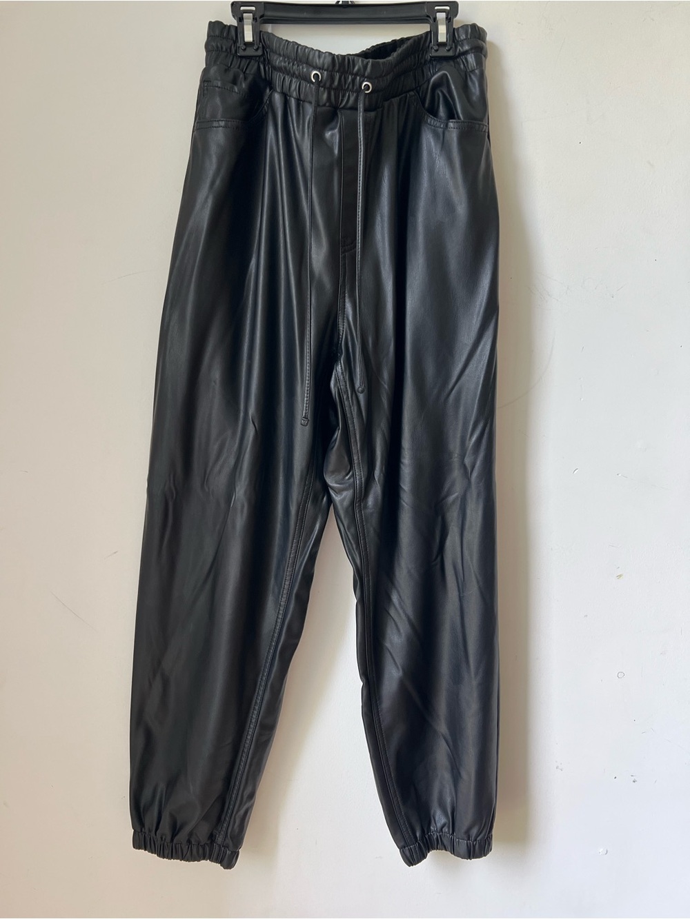 Express Women’s M Black Faux Leather Jogger Pants High Rise Drawstring